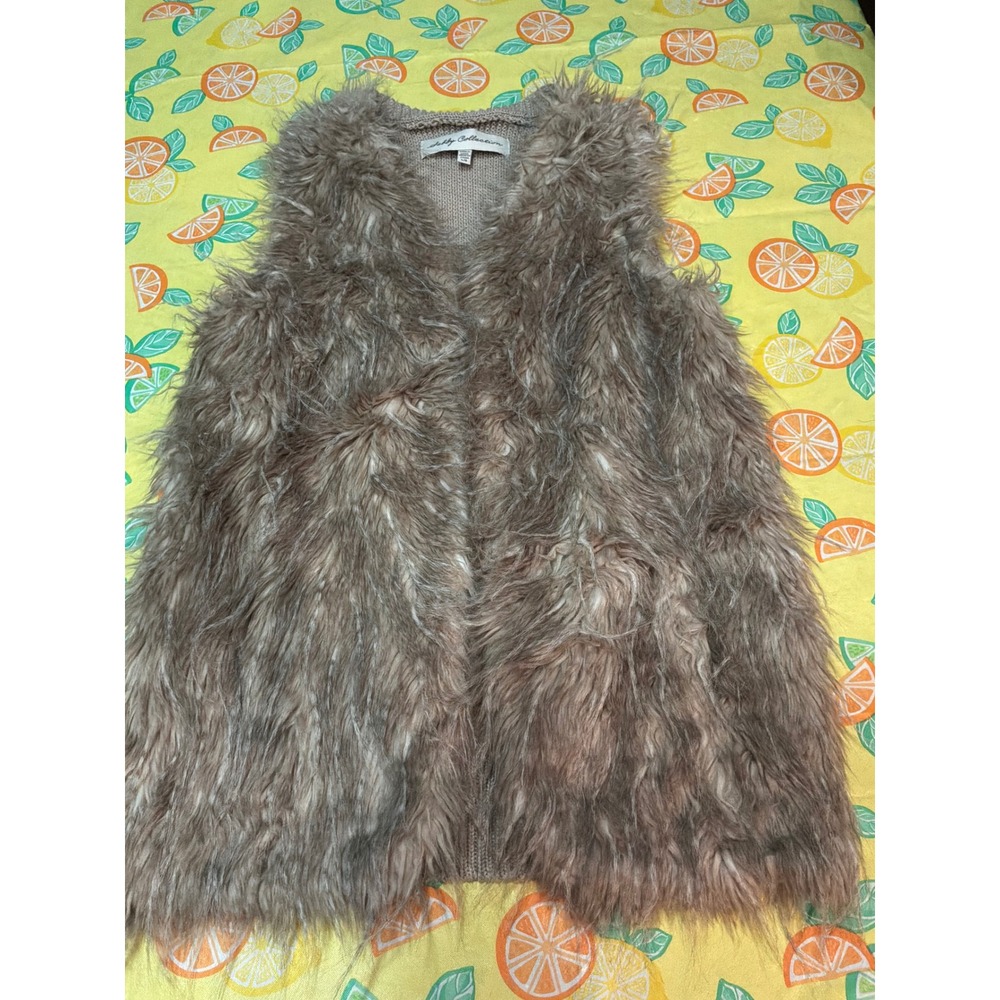 Sebby Collection Faux Fur Vest Women Large L Taupe Brown Knit Back Open Front